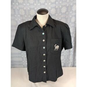 Vintage Sheri Martin Top Women's Medium Black Zebra Embroidered Pocket Button Up